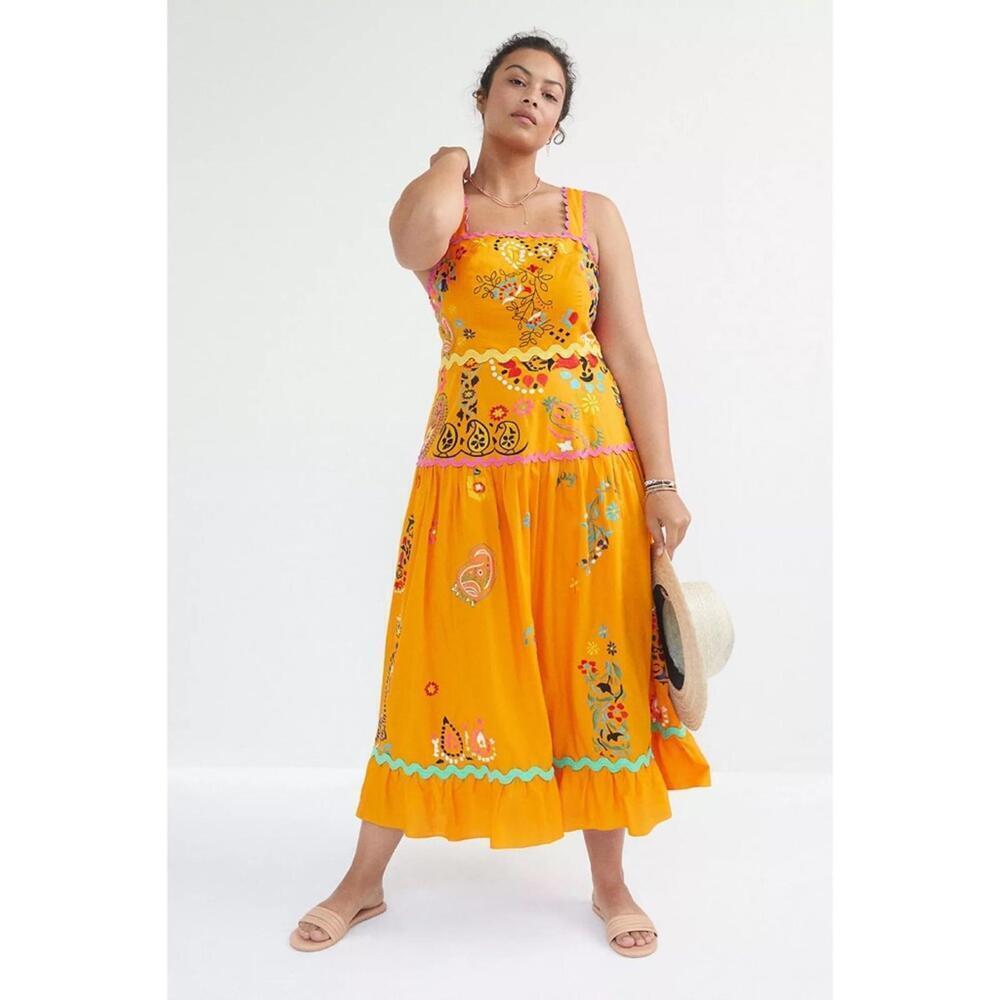 Anthropologie Maeve Sunset Embroidered Orange Midi Sundress 26W Plus 100% Cotton